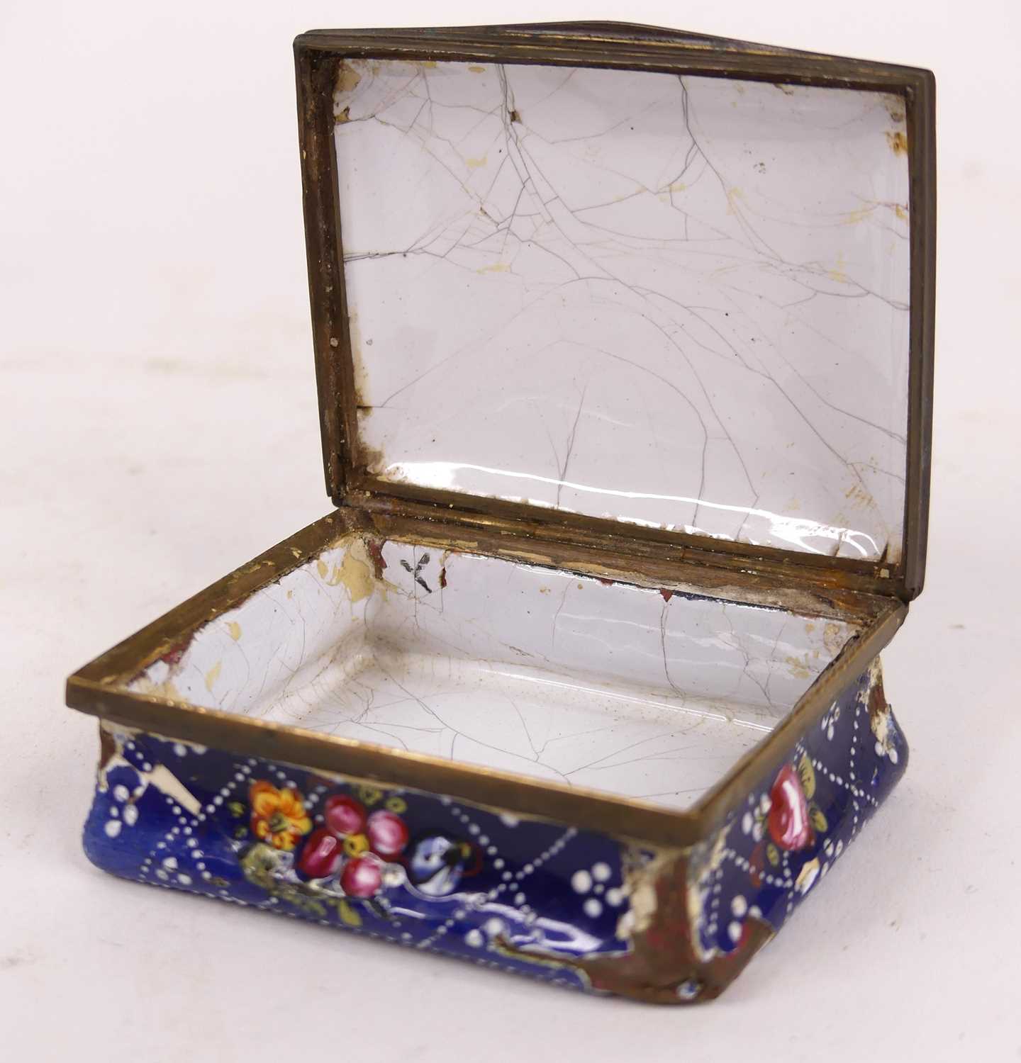 A 19th century Staffordshire enamel patch box, of sarcophagus shape, the hinged lid decorated with a - Image 4 of 9