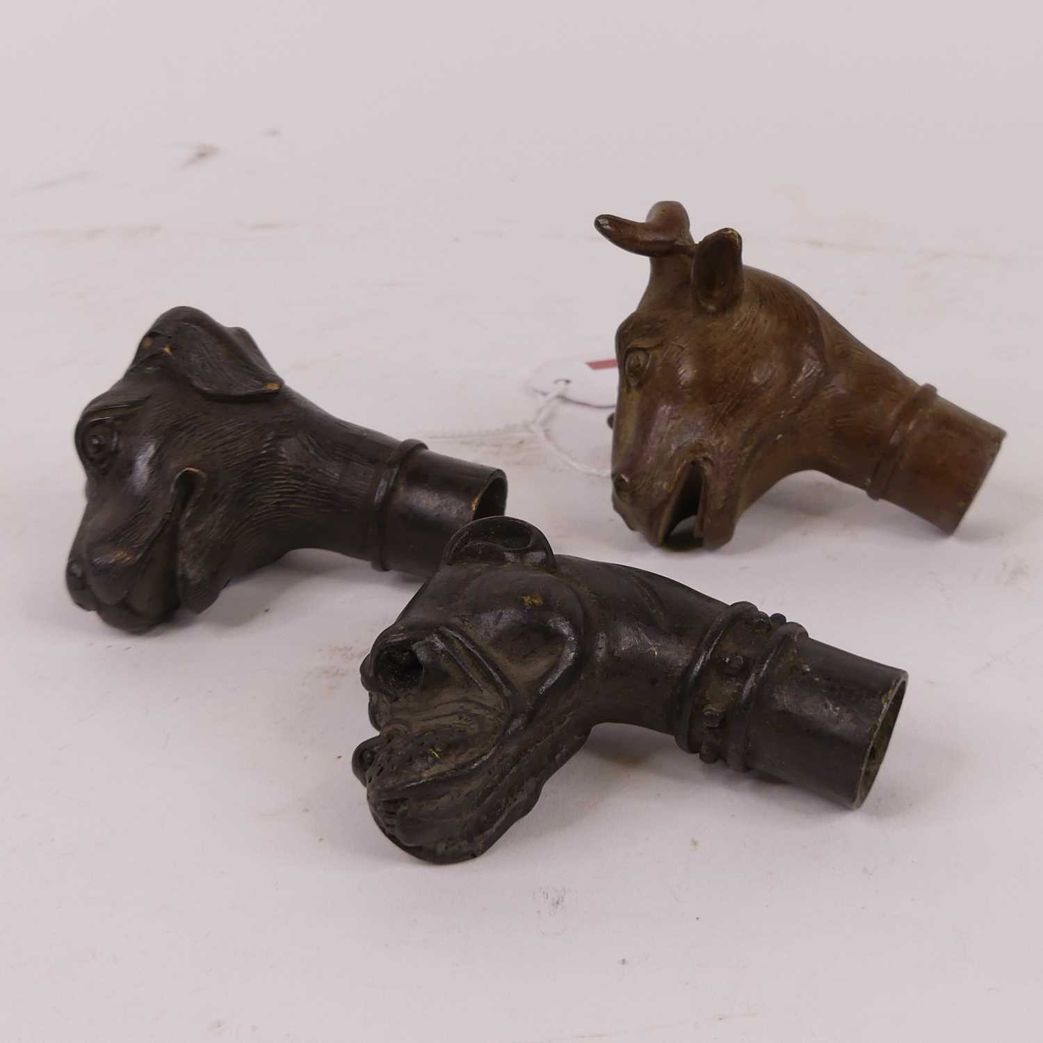 A collection of three metal walking stick handles, each in the form of an animal head, the largest