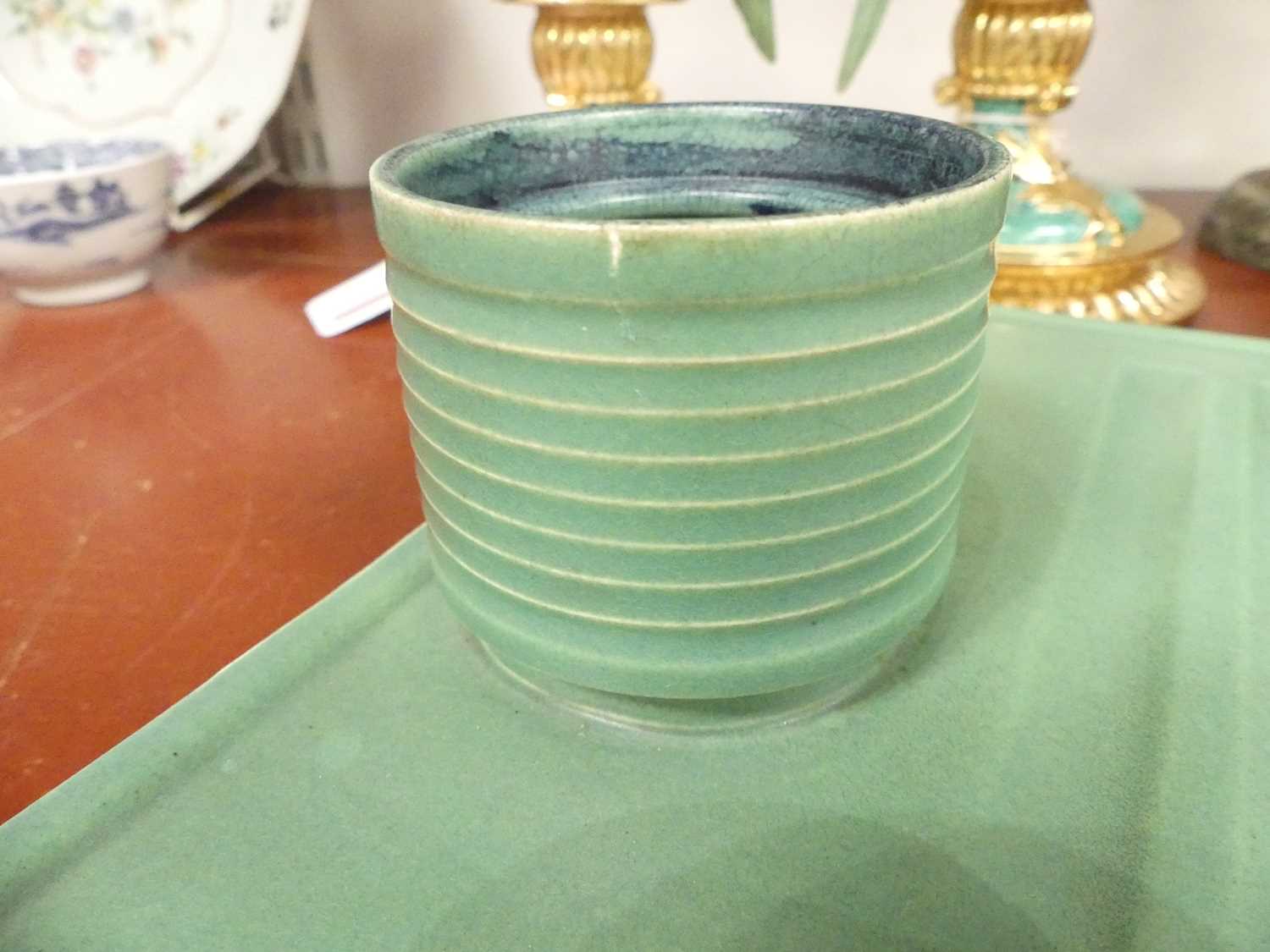 Keith Murray for Wedgwood, a matt green glazed pottery inkwell, the ribbed cylindrical inkwell above - Image 2 of 6