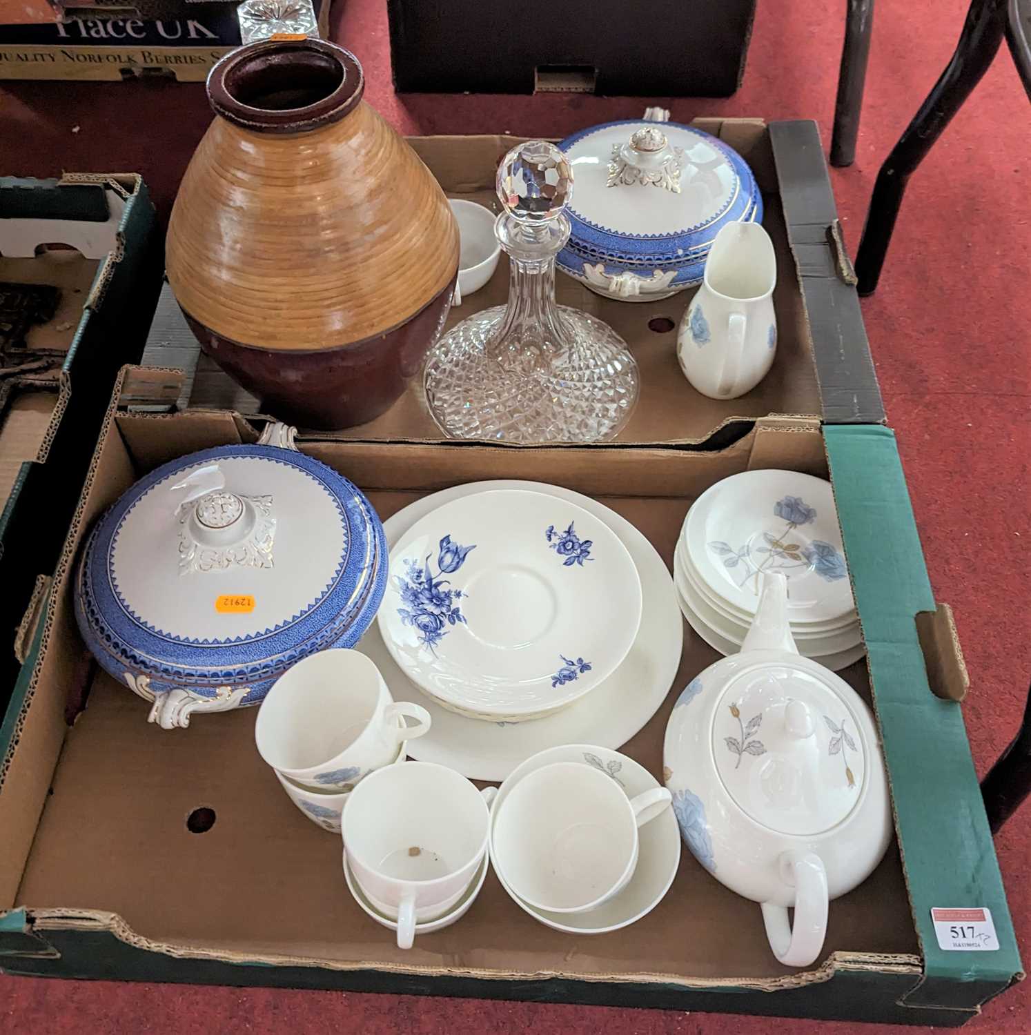 A collection of ceramics to include Wedgwood Ice Rose teawares, cut glass ships decanter etc (two