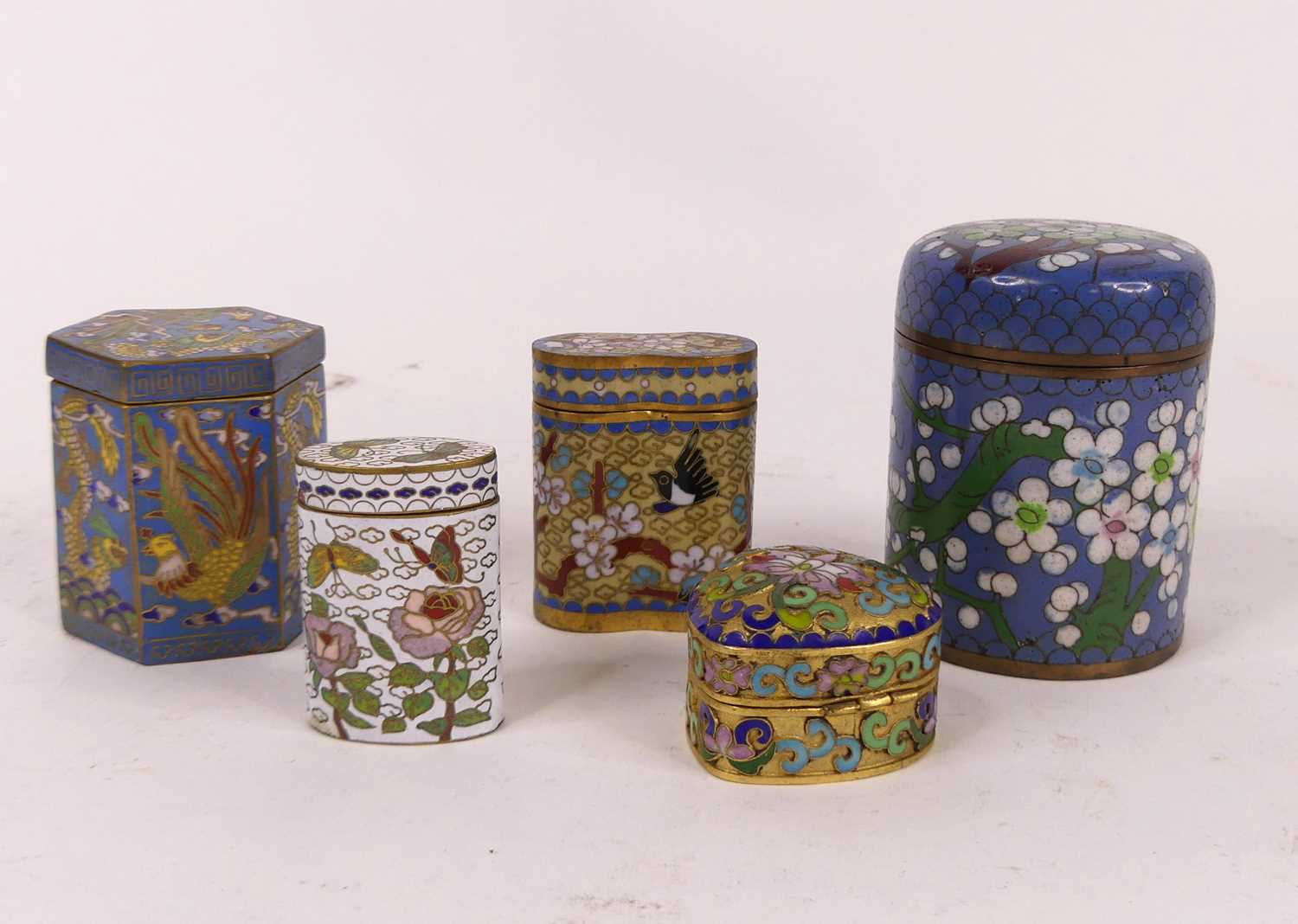 A Chinese cloisonne enamelled hexagonal jar and cover, decorated with cockerels and dragons,
