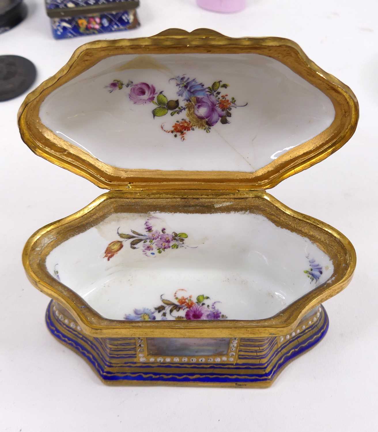 A 19th century Staffordshire enamel patch box, of sarcophagus shape, the hinged lid decorated with a - Image 3 of 9