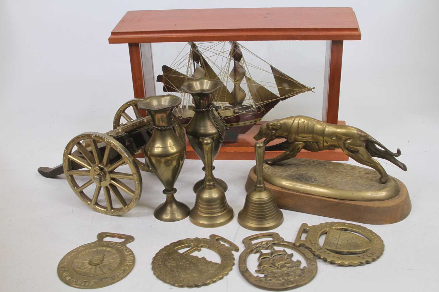 A collection of metal ware to include brass figure of a racing greyhound, length 16cm, and horse