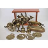 A collection of metal ware to include brass figure of a racing greyhound, length 16cm, and horse