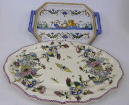 A French Gien Faience tray, polychrome decorated with mythical creatures, width 33cm, together