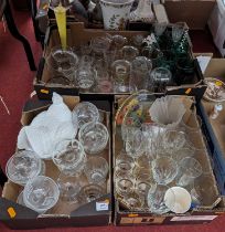 Three boxes of mixed glass ware, to include cut and coloured examples