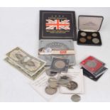 A collection of mixed coinage, banknotes and militaria, to include a 1995 United Kingdom
