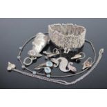 Assorted costume jewellery to include Arts & Crafts white metal bracelet, silver brooch, silver