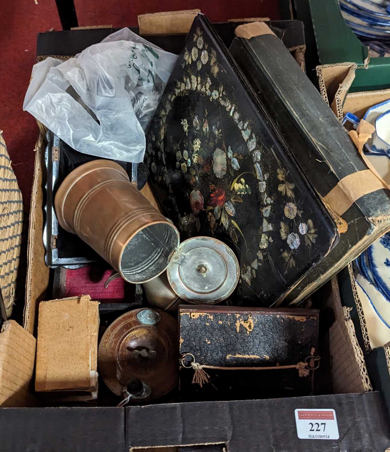 Miscellaneous items to include Victorian papier mache wares, fishing reel, books, inkwells etc