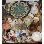 Two boxes of ceramics to include Cornish mottoware, novelty teapot and Staffordshire figures