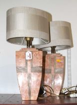 A pair of modern polished hardstone table lamps, each height 48cm including shade