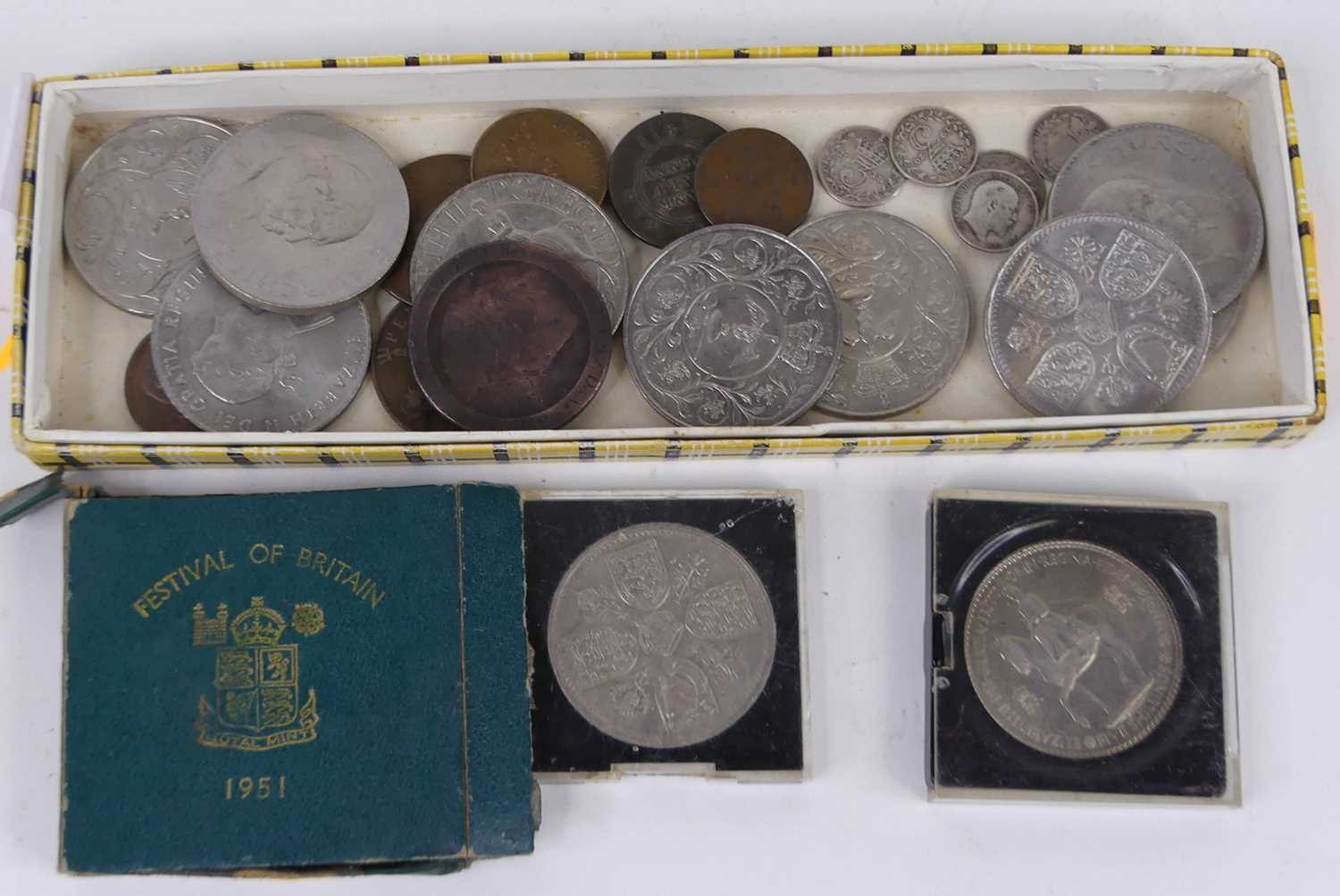 A collection of mixed coinage, to include crowns and a George III cartwheel penny