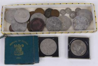 A collection of mixed coinage, to include crowns and a George III cartwheel penny