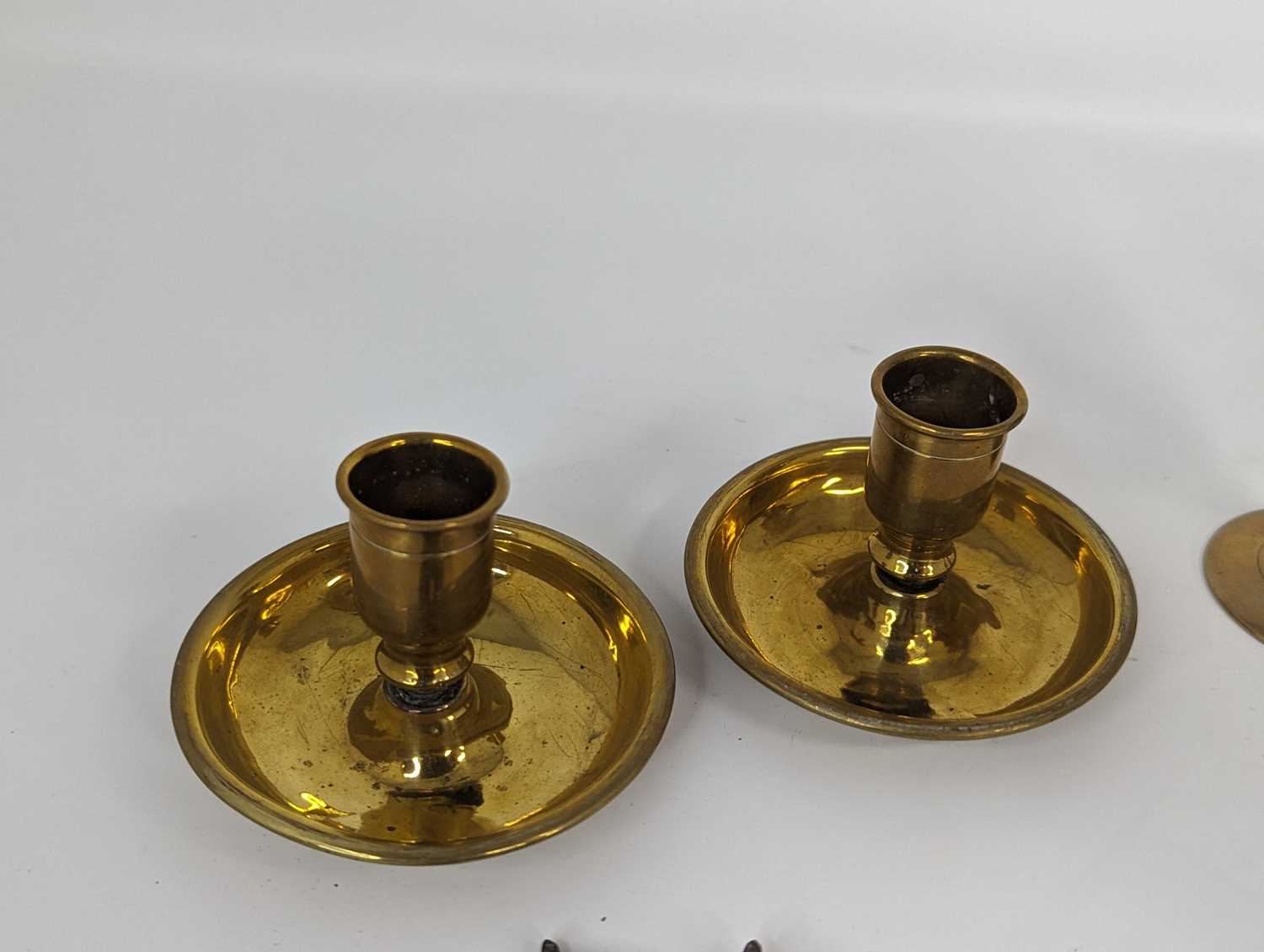 A collection of antique brass ware to include two travel communion cups, a Brighton bun pair of - Image 3 of 5