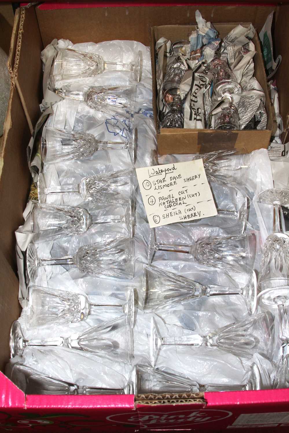 A collection of Waterford Crystal drinking glasses to include Lismore, Kathleen, and Sheila pattern