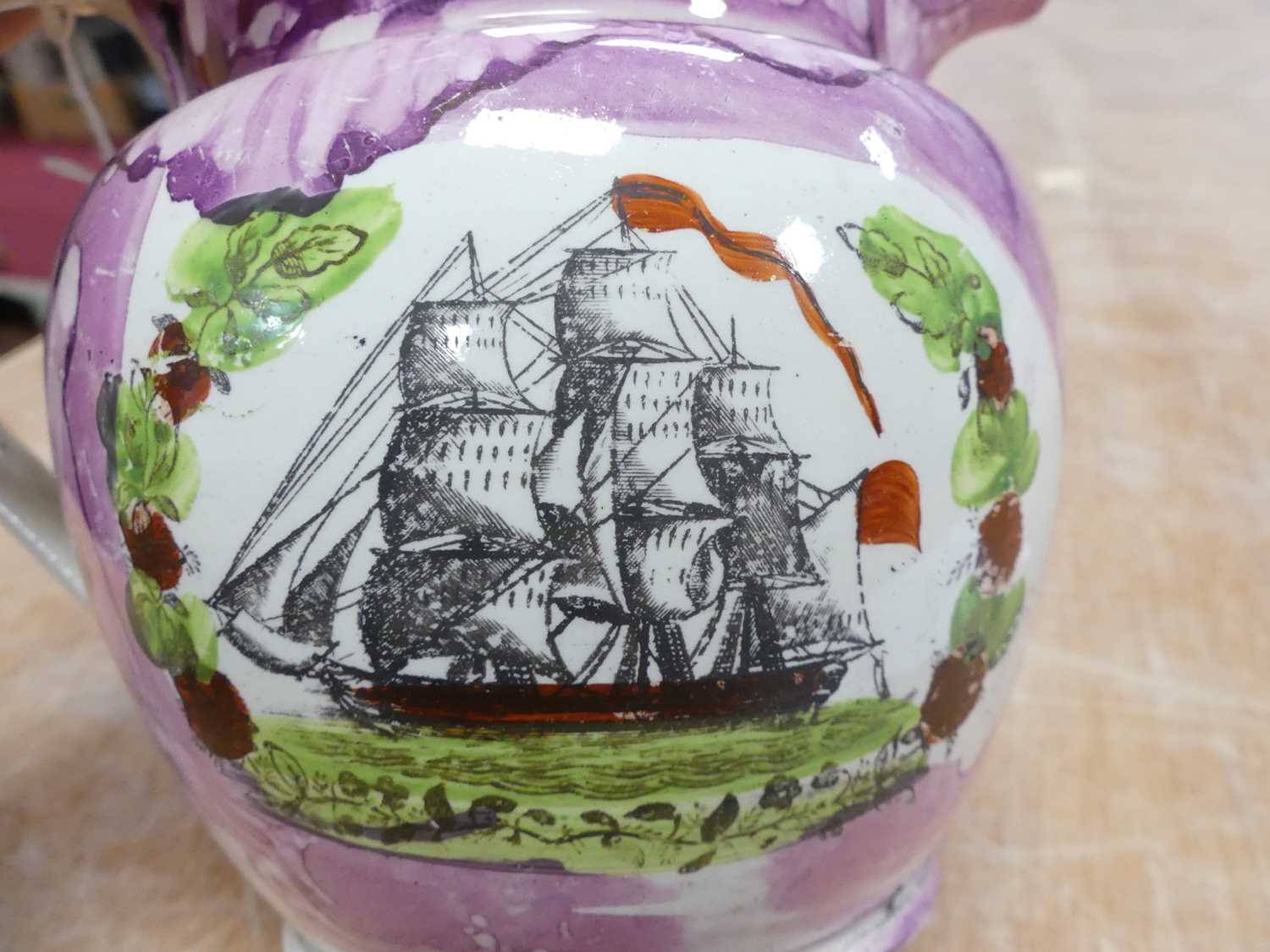 A Victorian Sunderland lustre jug, decorated with a three-masted ship, and inscribed from "Hence - Image 5 of 7