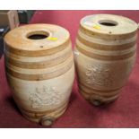 Two Doulton and Watts stoneware spirit barrels, each relief decorated with a coat of arms, height