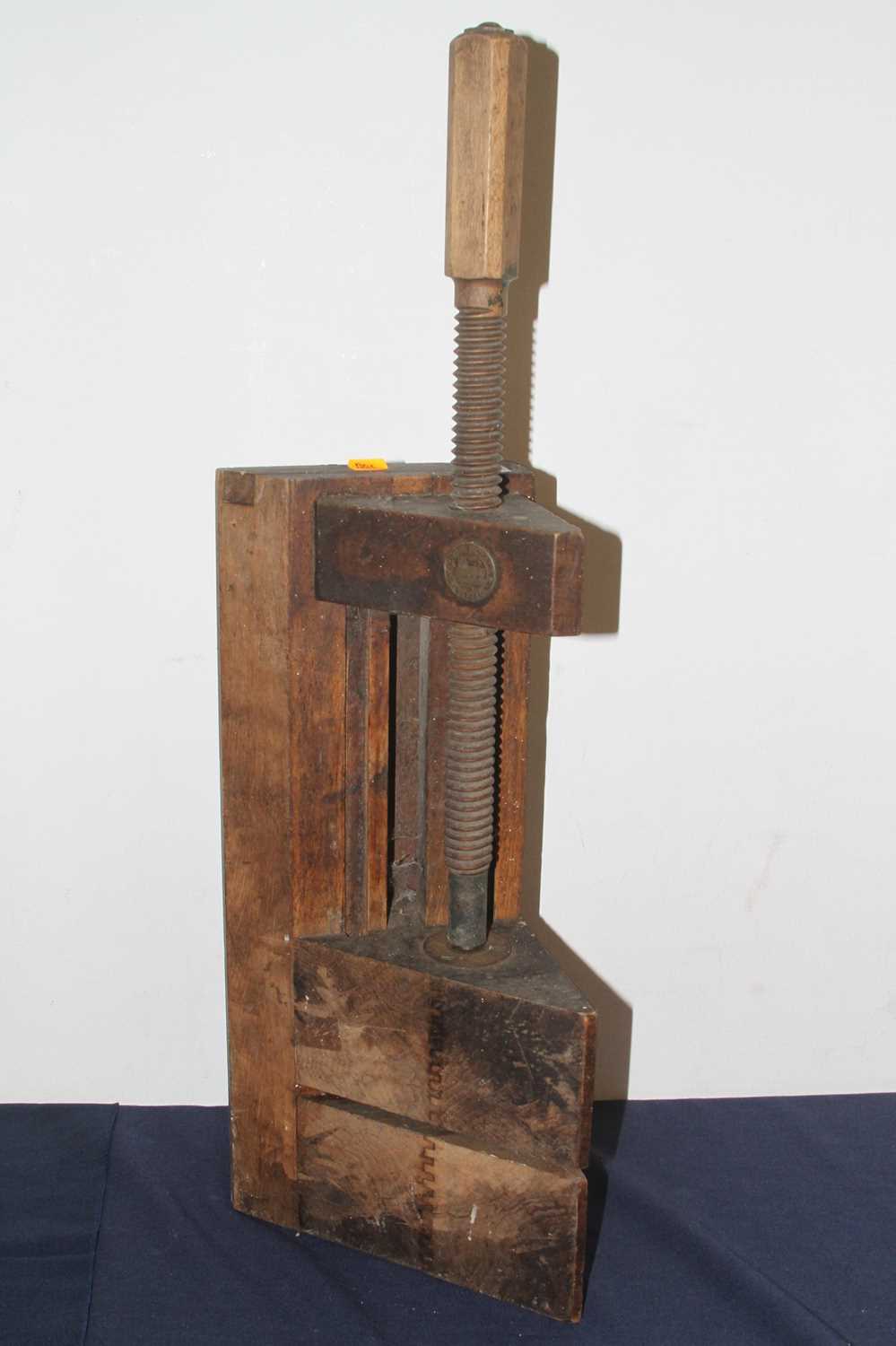 An early 20th century wooden vice, width 51cm