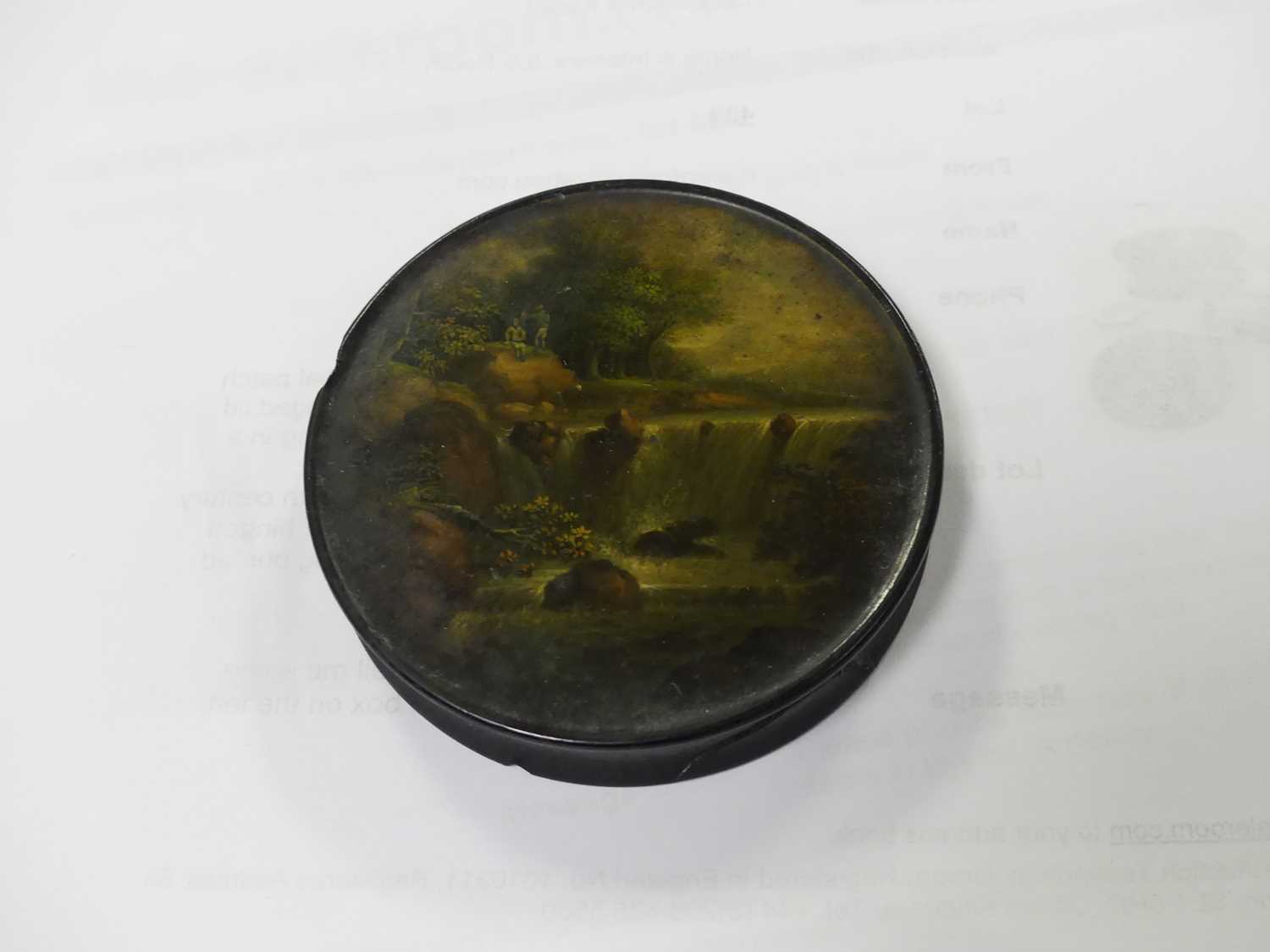 A 19th century Staffordshire enamel patch box, of sarcophagus shape, the hinged lid decorated with a - Image 5 of 9