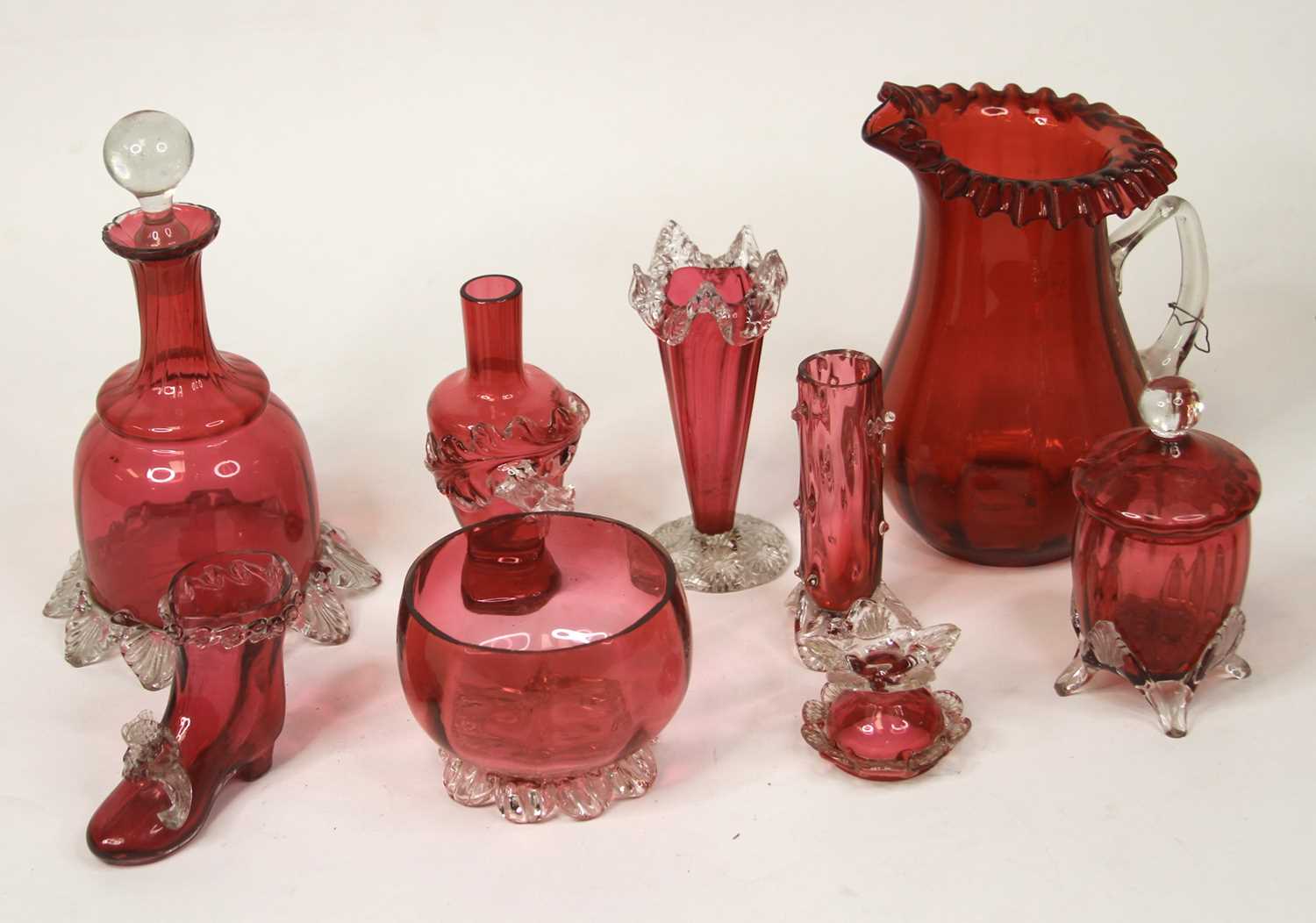 A collection of cranberry glass ware to include a mallet shaped decanter and stopper, and spill - Image 2 of 2