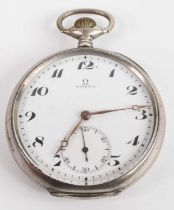 A gent's Omega 800 silver cased open faced pocket watch, having a signed Arabic dial with subsidiary