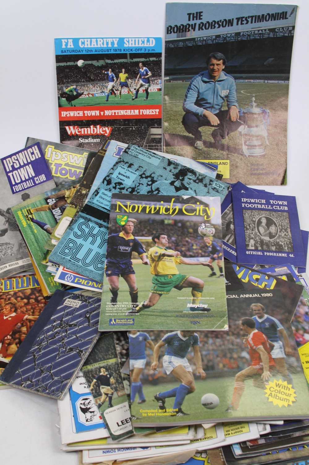 A collection of vintage football programmes, mainly Ipswich Town, 1980s and later