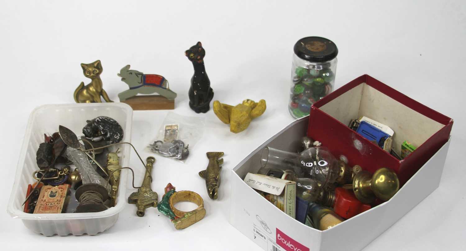 Miscellaneous items to include glass marbles, miniature oil lamps, miniature brass animals etc