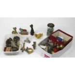 Miscellaneous items to include glass marbles, miniature oil lamps, miniature brass animals etc