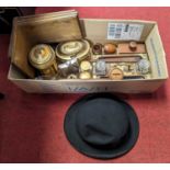 Miscellaneous items to include a Victorian and brass walnut desk stand, a bowler hat, metalwares,