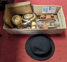 Miscellaneous items to include a Victorian and brass walnut desk stand, a bowler hat, metalwares,