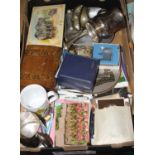 Miscellaneous items to include a Victorian tunbridge inlaid box, silver plated wares, postcards etc