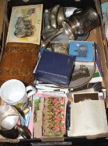 Miscellaneous items to include a Victorian tunbridge inlaid box, silver plated wares, postcards etc