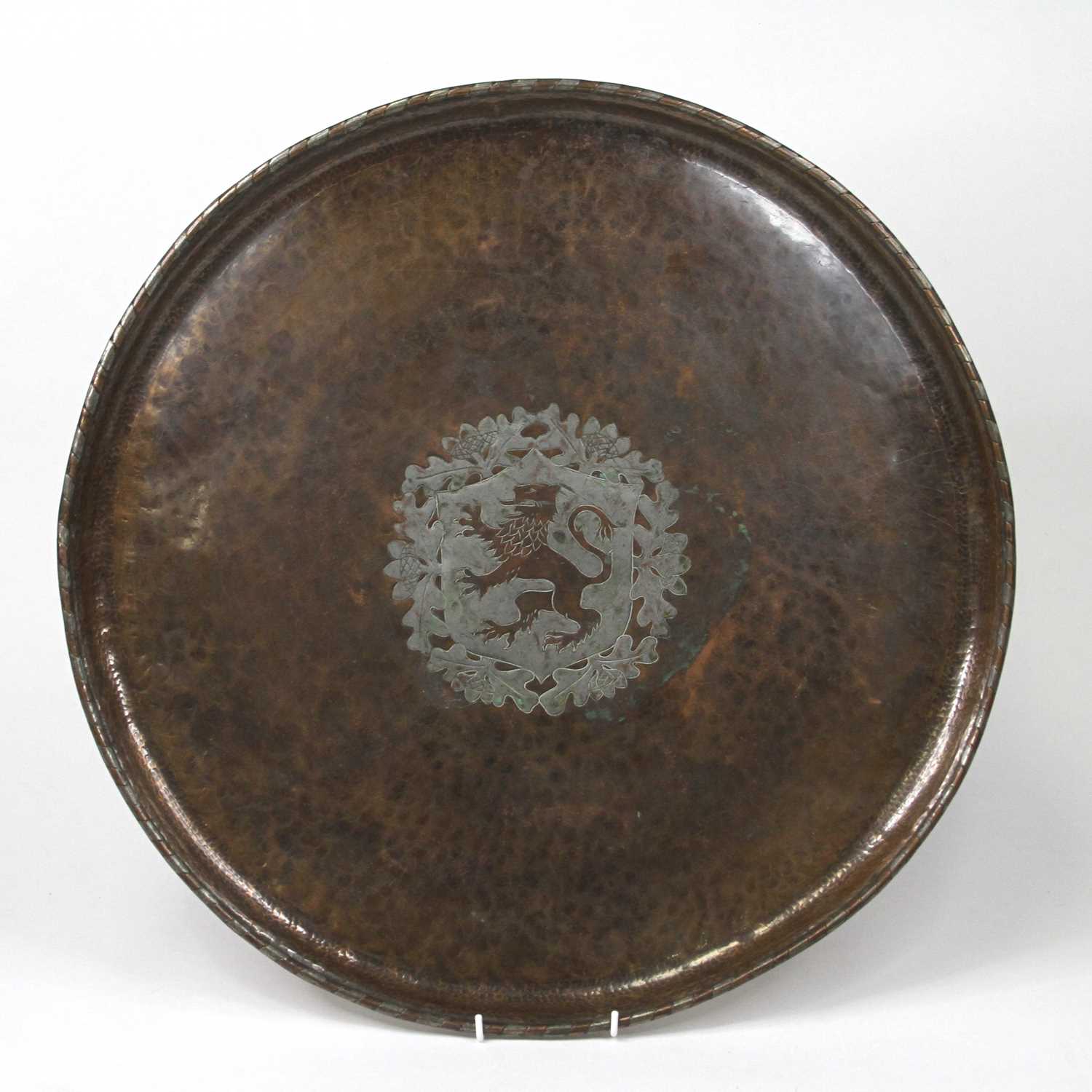 A Glasgow School Arts & Crafts copper charger, the sunken well repoussee decorated with a coat of - Image 4 of 6