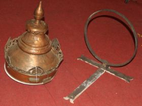 An early 20th century copper lantern, height 55cm, together with an associated iron wall bracket