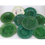 A collection of nine Victorian and later moulded majolica plates All cracked, but otherwise appear