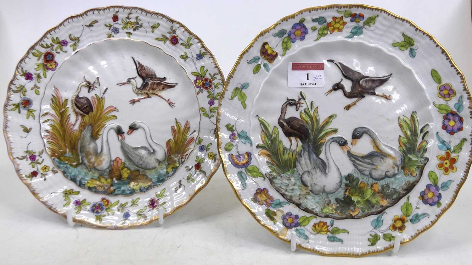 A pair of continental porcelain plates, relief decorated after the Meissen Swan service, possibly - Image 2 of 4