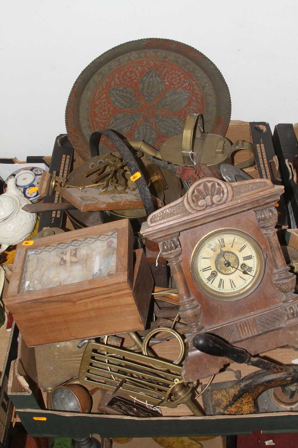 Two boxes of miscellaneous items to include a Victorian mantel clock, Indian enamel decorated copper