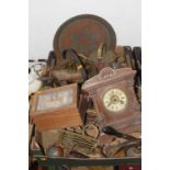 Two boxes of miscellaneous items to include a Victorian mantel clock, Indian enamel decorated copper