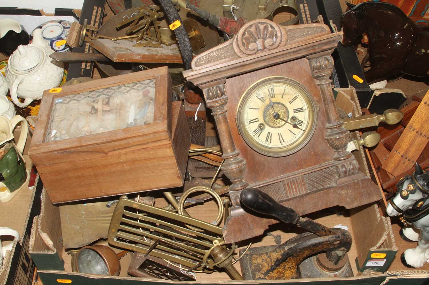 Two boxes of miscellaneous items to include a Victorian mantel clock, Indian enamel decorated copper - Image 2 of 2