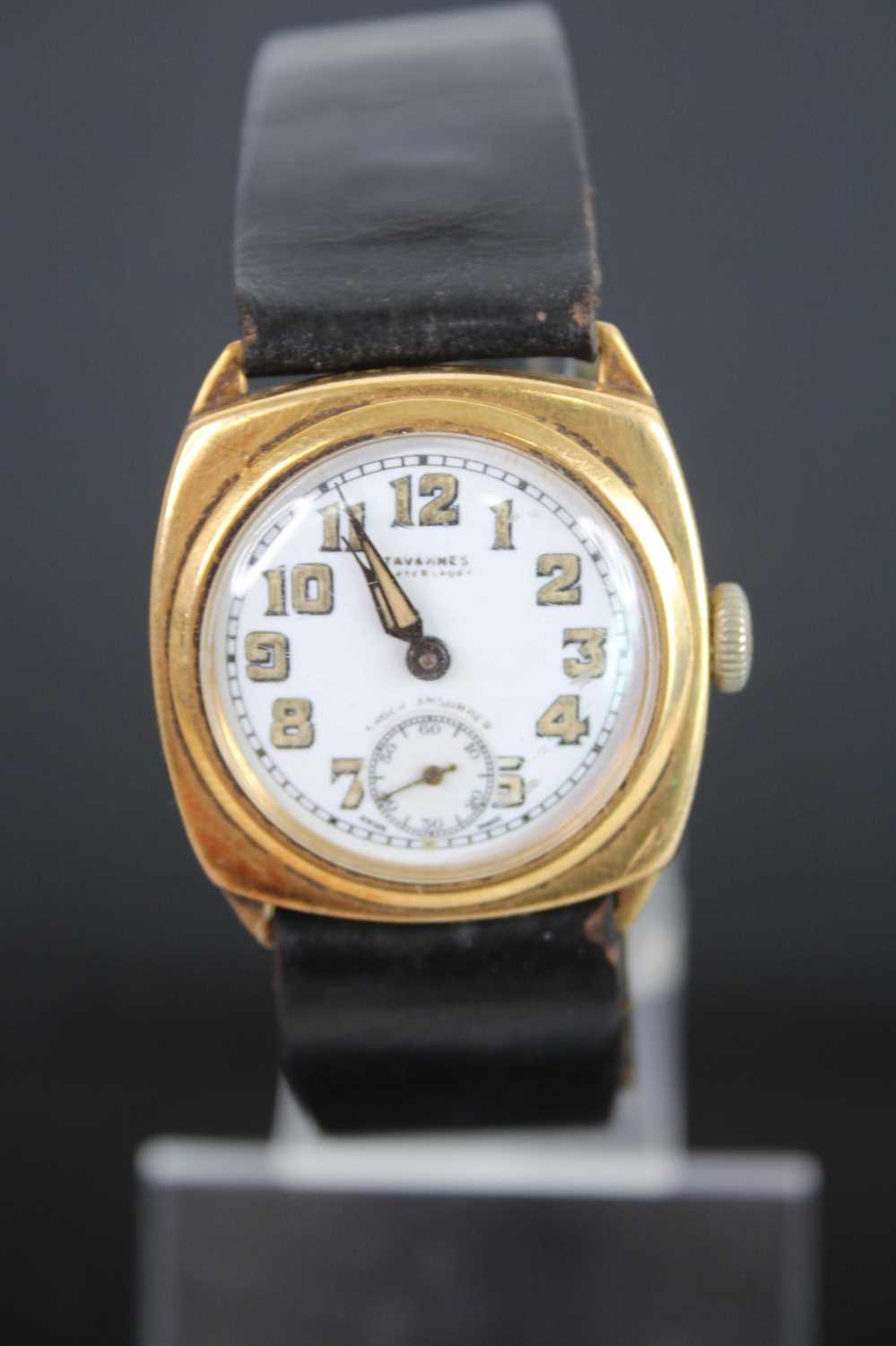 A gent's Tavannes 18ct gold cased manual wind wrist watch having a signed white enamel dial with - Image 2 of 3