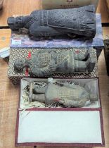 Three modern Chinese earthenware models of soldiers, each boxed, largest height 28cm