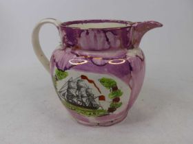 A Victorian Sunderland lustre jug, decorated with a three-masted ship, and inscribed from "Hence