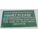 A reproduction painted cast iron Southern Railway 'Quiet' sign, 15x27cm