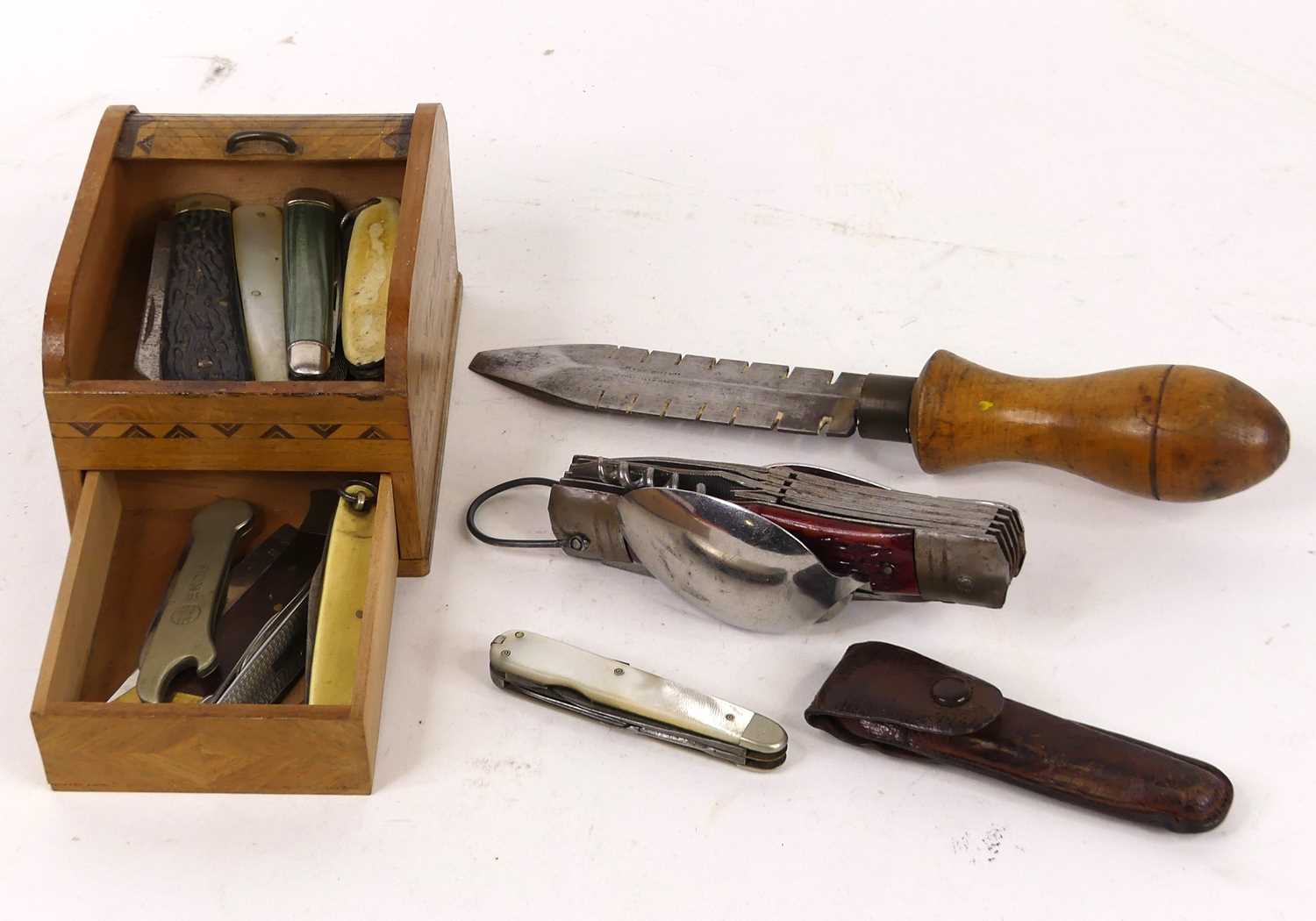 A collection of knives, to include antler handled pocket knife, mother of pearl handled fruit