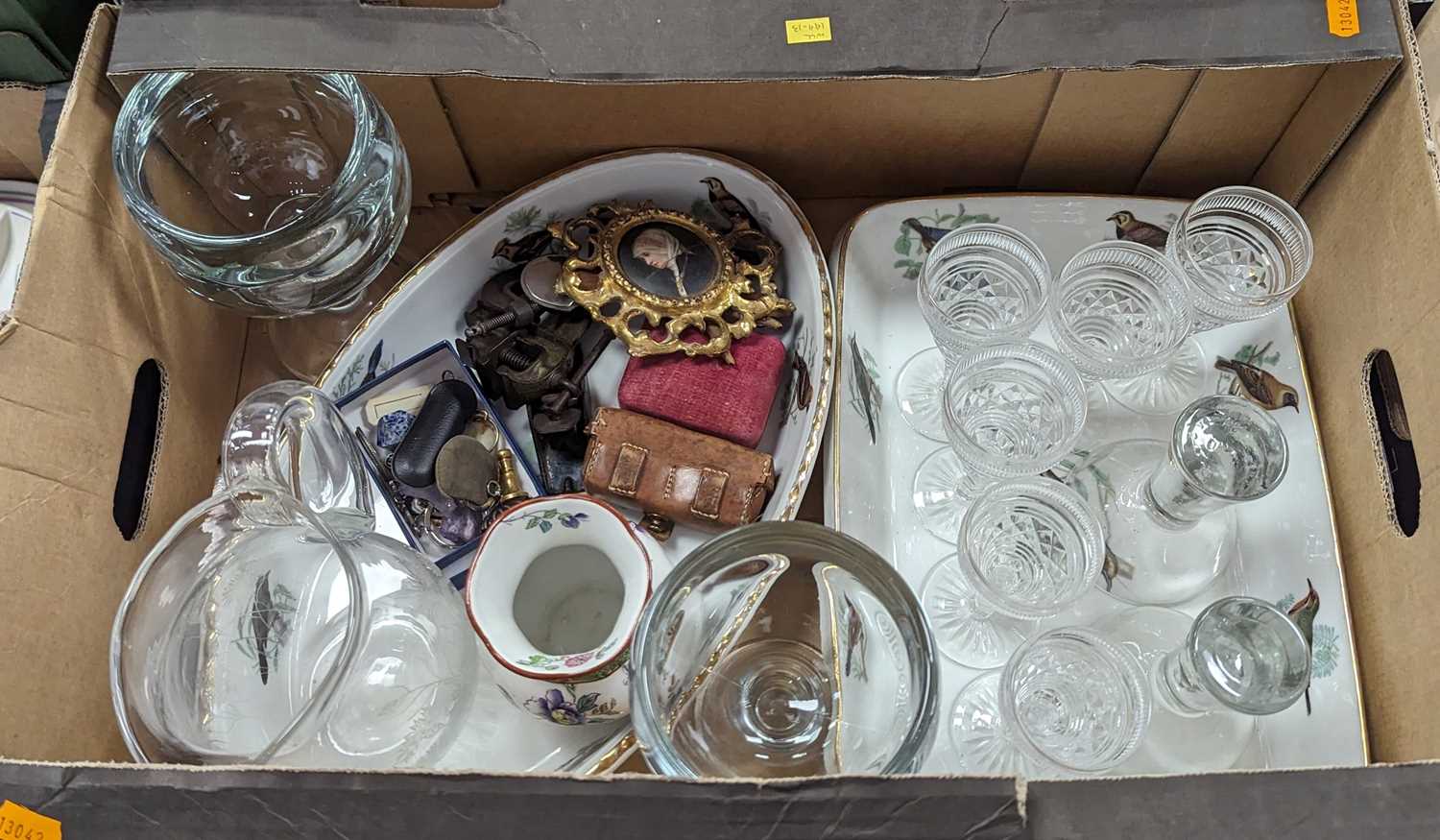 A collection of ceramics and glassware to include a set of six cut glass liqueur glasses, etched
