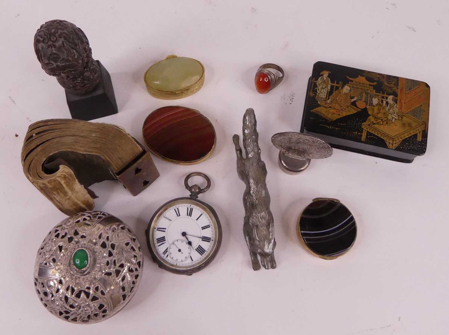 Miscellaneous items to include a Victorian pocket watch, polished hardstone trinket boxes etc