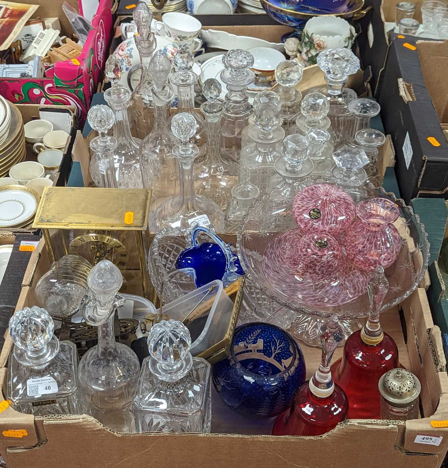 A collection of glass ware to include 19th century and later cut glass decanters and Island Studio