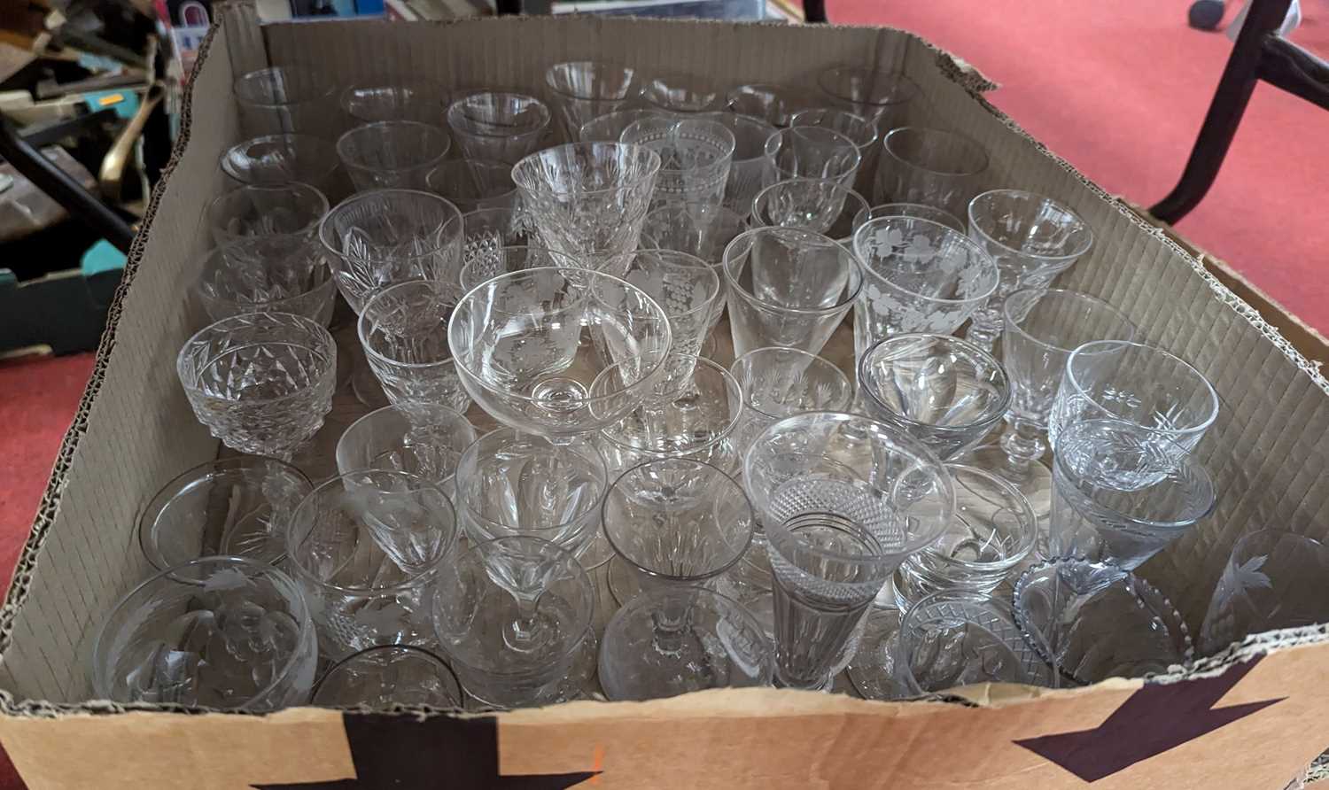 Three boxes of 19th century and later drinking glasses, to include toastmaster's glasses, cut