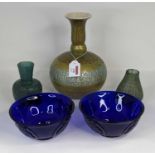 A collection of glassware to include a pair of Chinese blue glass bowls, relief decorated with