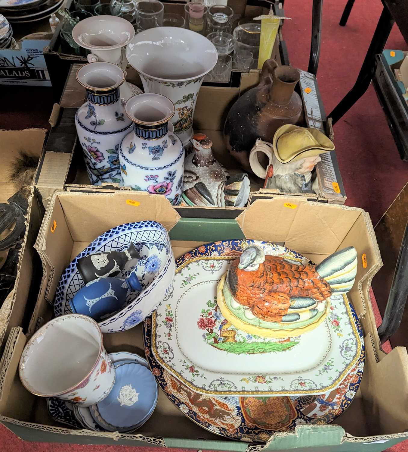 Two boxes of mixed items to include jasper ware, a Staffordshire toby jug, burnished earthenware